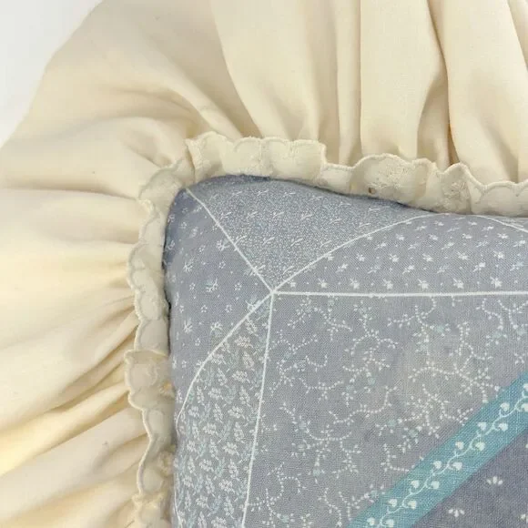 Vintage Ruffled Bunny Easter Pillow 12x12 Blue Cream Cottage Farmhouse Decor - Picture 4 of 8